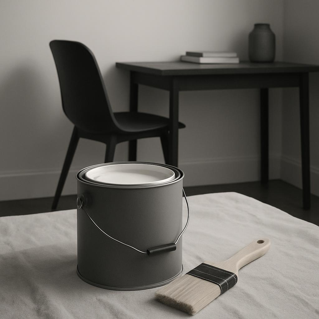 Paint can, paintbrush, and desk in a room.